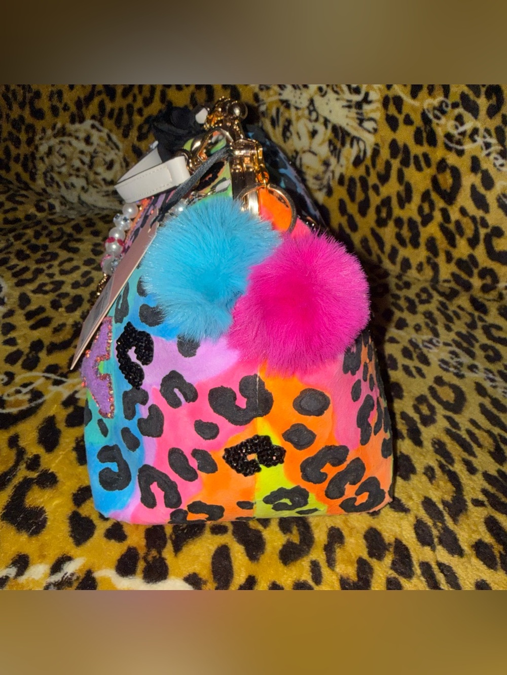 🌈NWT Custom Juicy Couture Neon Leopard Print Lisa Frank Kiss Lock Clutch Bag🌈 - Picture 8 of 10